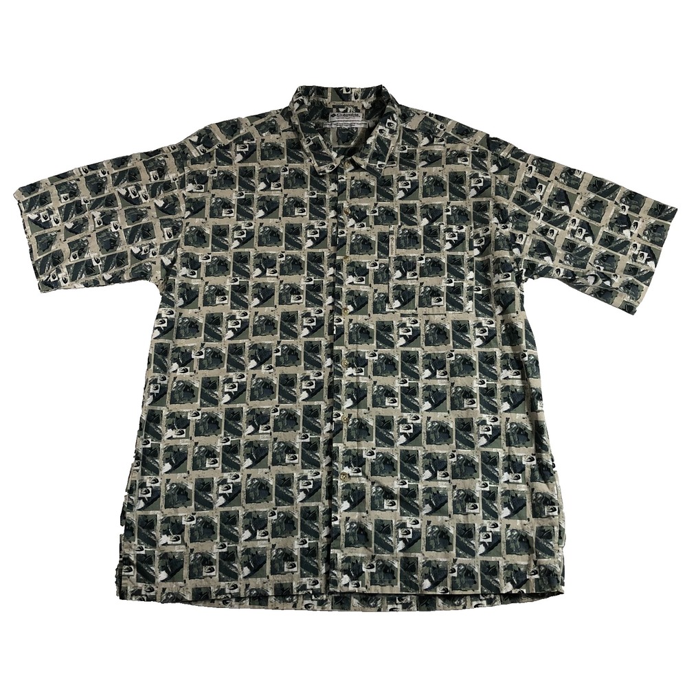 Columbia Shirt Men's Plus Size XXL 2XL Tan Green White‎ Short Sleeve Fish Print